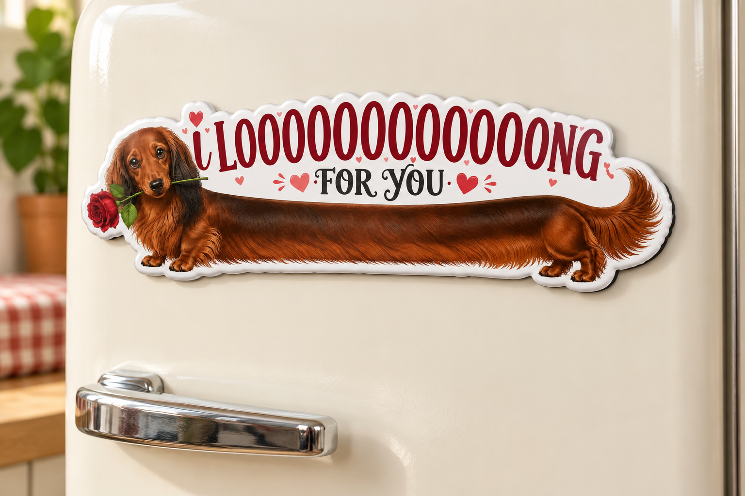 Long dachshund-shaped fridge magnet with Safari holding a red rose, little hearts, and an I long for you message